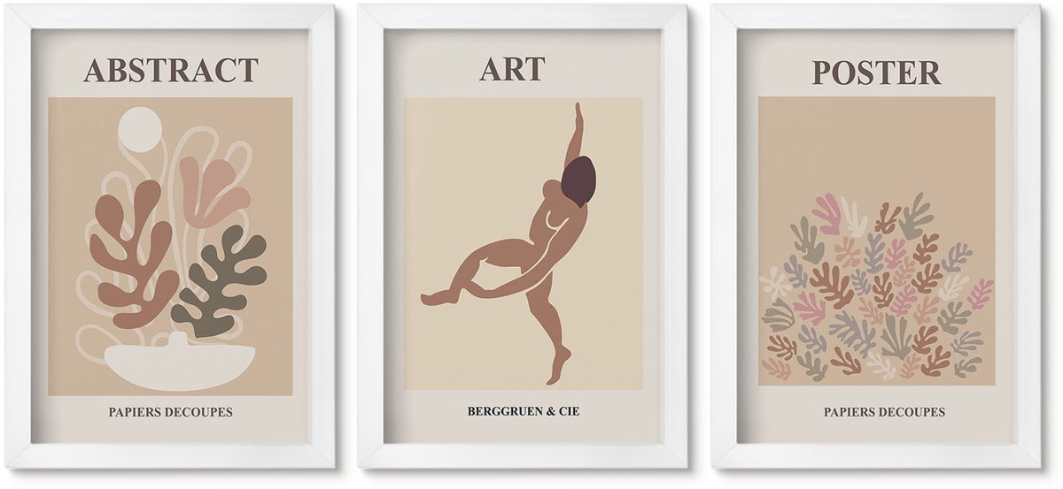 Wallfluent 3-Delige Schilderij Set - Stijlvolle Abstracte Composities Van Henri Matisse - 20 x 30 - Stijlvolle Wanddecoratie - Interieur - Decoratieve Schilderijen