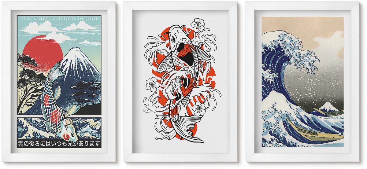 Wallfluent 3-Delige Schilderij Set - Illustraties Van De Visbergen En De Grote Golf Voor De Kust Van Kanagawa In Japanse Stijl. - 20 x 30 - Decoratieve Muurdecoratie - Slaapkamer - Stijlvolle Muurdecoratie
