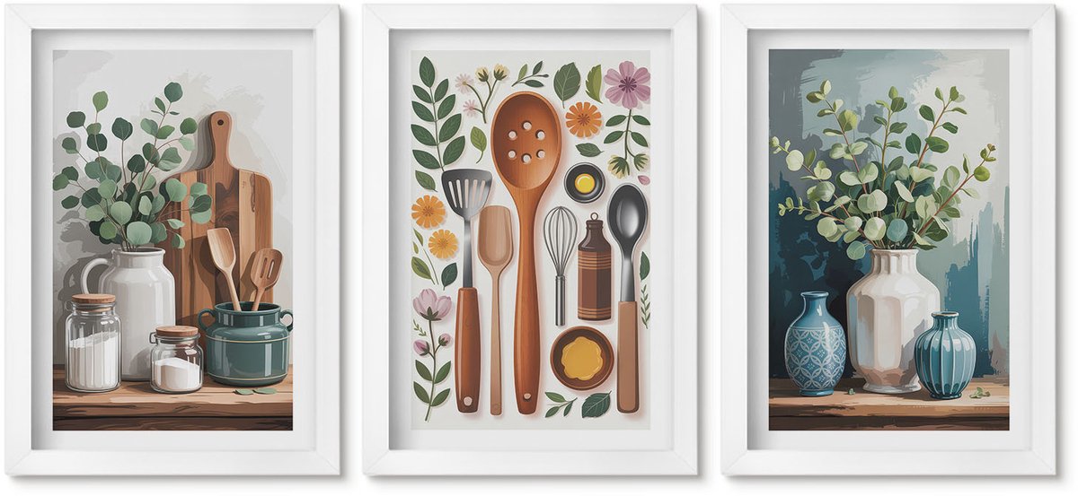 Wallfluent 3-Delige Schilderij Set - Keukenaccessoires Met Planten In Een Moderne Stijl - 20 x 30 - Stijlvolle Muurdecoratie - Slaapkamer - Woonkamer Decoratie