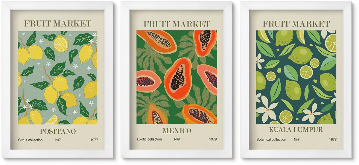 Wallfluent 3-Delige Schilderij Set - Vruchtpatronen Van Citroenen, Papaja'S En Limoenen - 20 x 30 - Stijlvolle Muurdecoratie - Kantoor - Moderne Wanddecoratie
