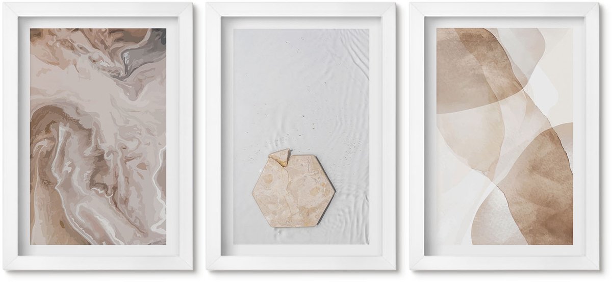 Wallfluent 3-Delige Schilderij Set - Abstracte Vormgeving Geïnspireerd Door De Natuur. - 20 x 30 - Muurdecoratie - Wanddecoratie - Slaapkamer - Moderne Wanddecoratie