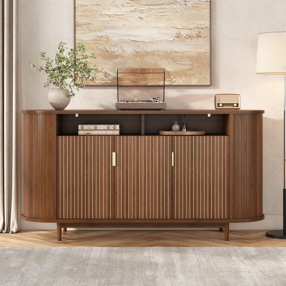 STILVORA Dressoir Met 3 Deuren En Open Vak - Verticaal Lijnendetail Voor Woonkamer En Eetkamer - MDF En Spaanplaat - Walnoot - 140x40x78 Cm