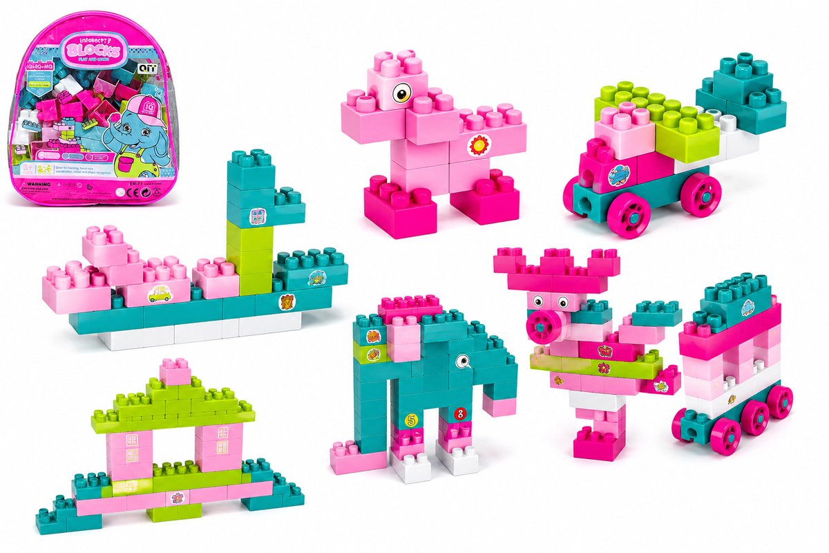 Bouwblokken met Roze Rugtasje – Inclusief plak Stickers – Bouwset voor Kinderen - bouwblokkenset 60 stuks