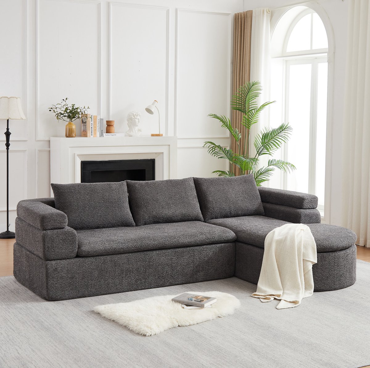 HAUSS SPOLE Hoekbank - Chaise Longue Rechts - 3-Zits - Moderne Chenille Bank Voor Woonkamer, Bureau En Appartement - Antracietgrijs