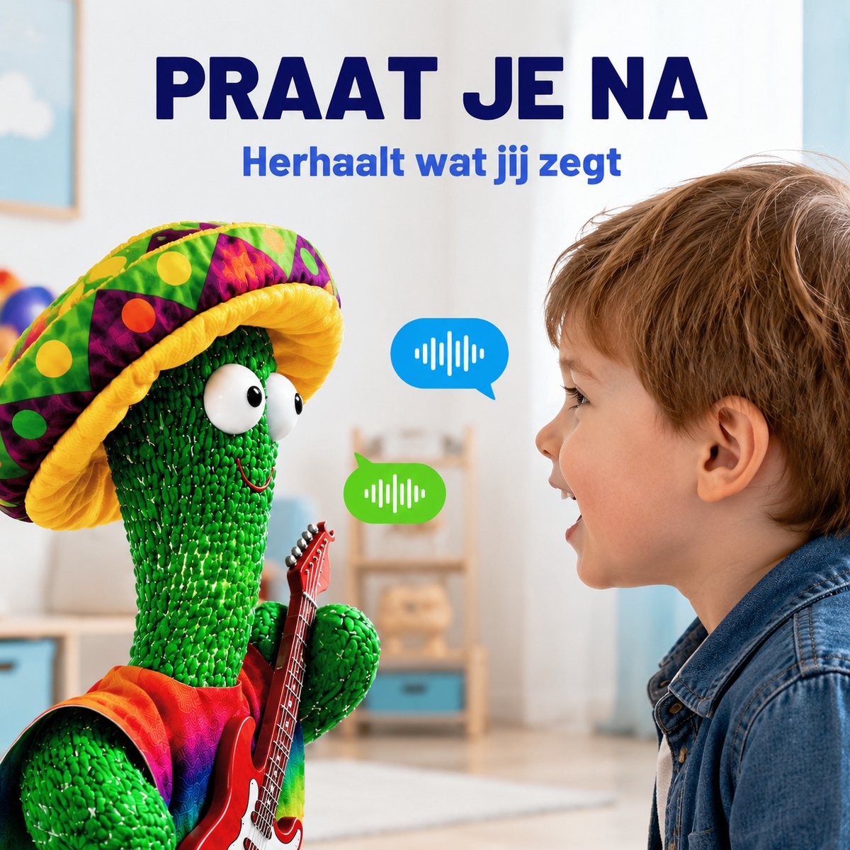 Movela® Dansende Cactus Mexicaan - Talking Cactus 32CM - Oplaadbaar - Pratende Cactus - Interactieve knuffel - Zingende cactus - Met Volumeknop - USB opladen - Baby speelgoed - Inclusief Outfit en Gitaar - 120 Tiktok Liedjes — afbeelding 2