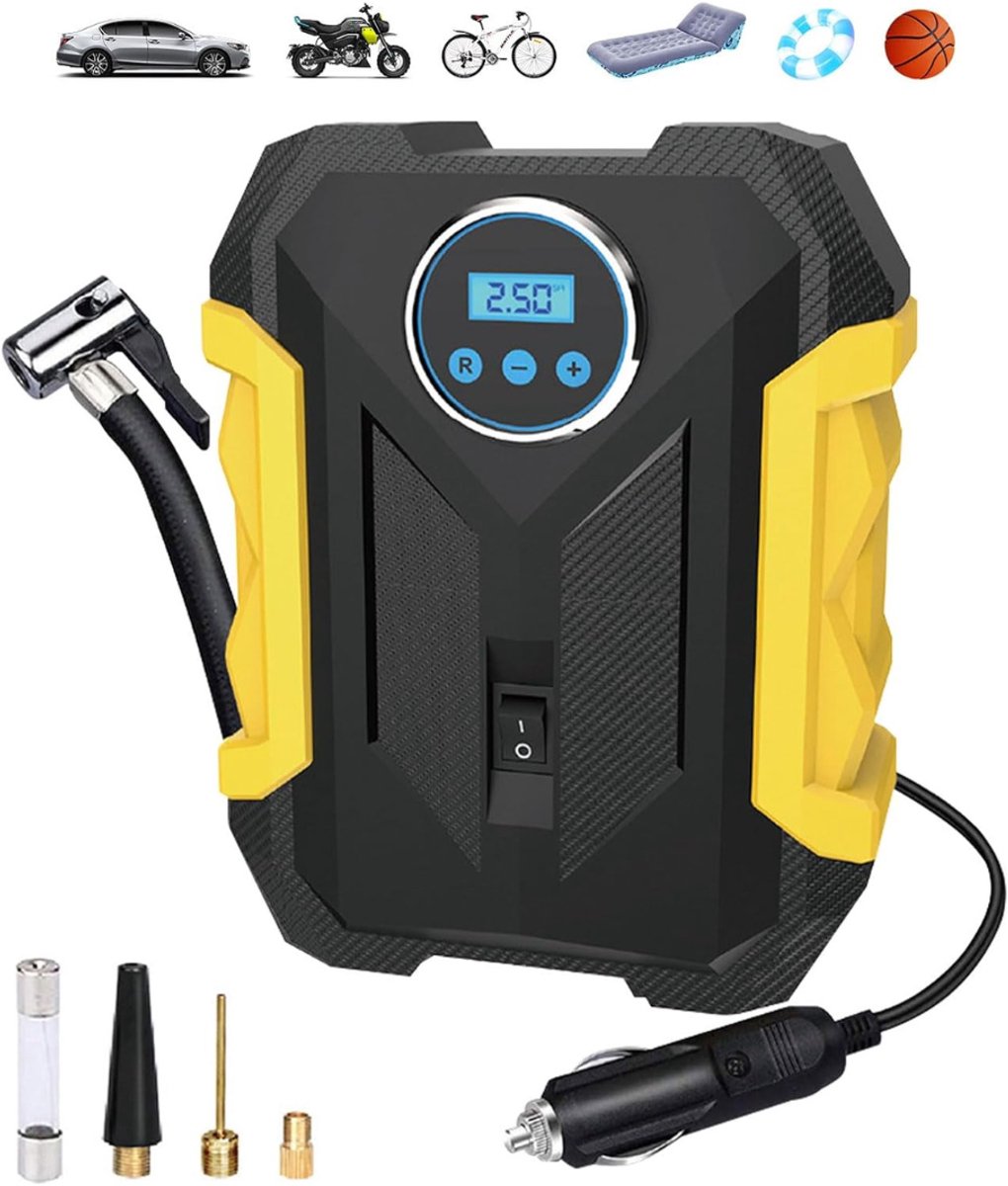QUOVO® Autobanden Pomp - Elektrische Fietspomp - Compressor Bandenpomp – Luchtcompressor Met LCD Scherm - Geel/Zwart - 26cm x 10cm x 20cm