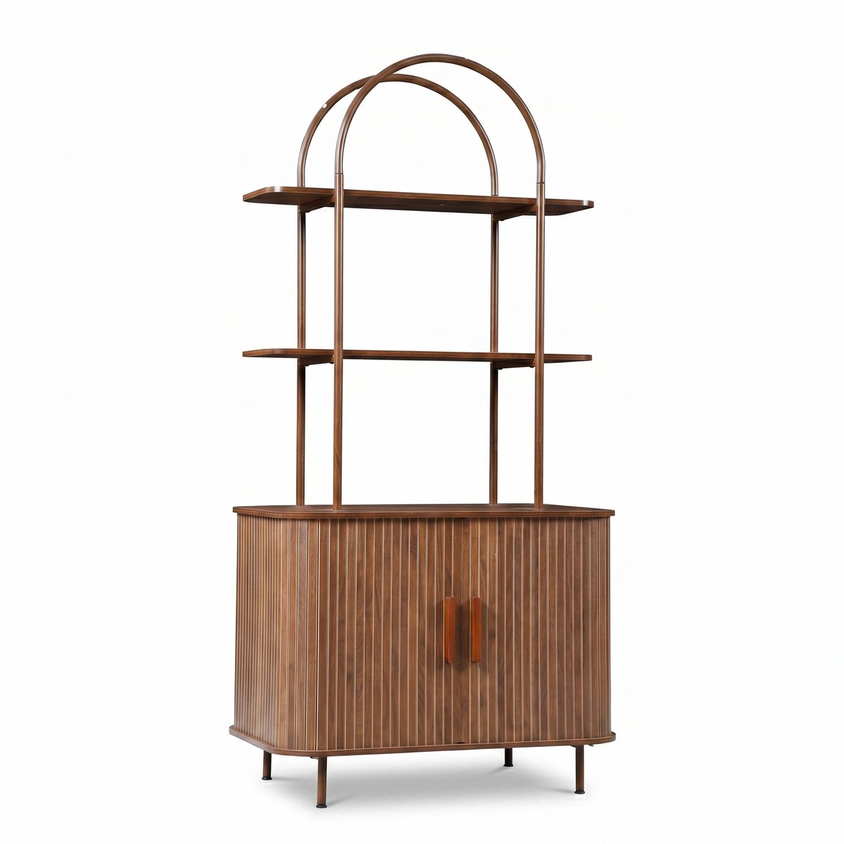 SensaHome Japandi Boekenkast – Boogvormige Vakkenkast met Schuifdeuren en Open Planken – 78x50x160 cm – Walnoot