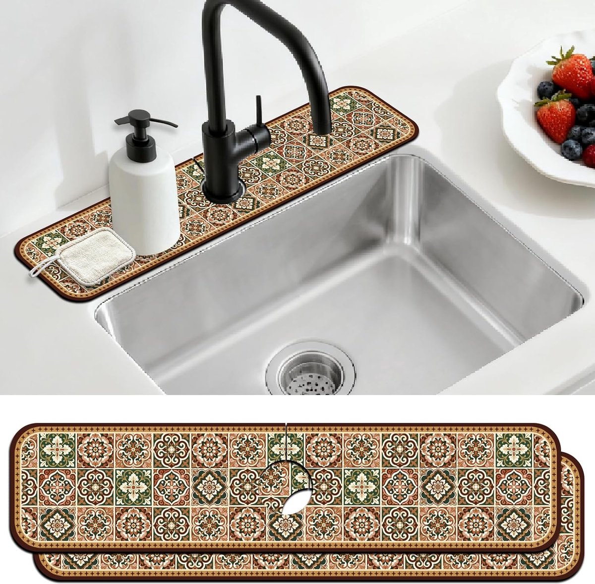 2 Stks Aanrecht Splash Guard Kraan Mat Bruin Vintage Patroon Kraan Mat voor Gootstenen Tegel Ontwerp Absorberende - ShopVlot