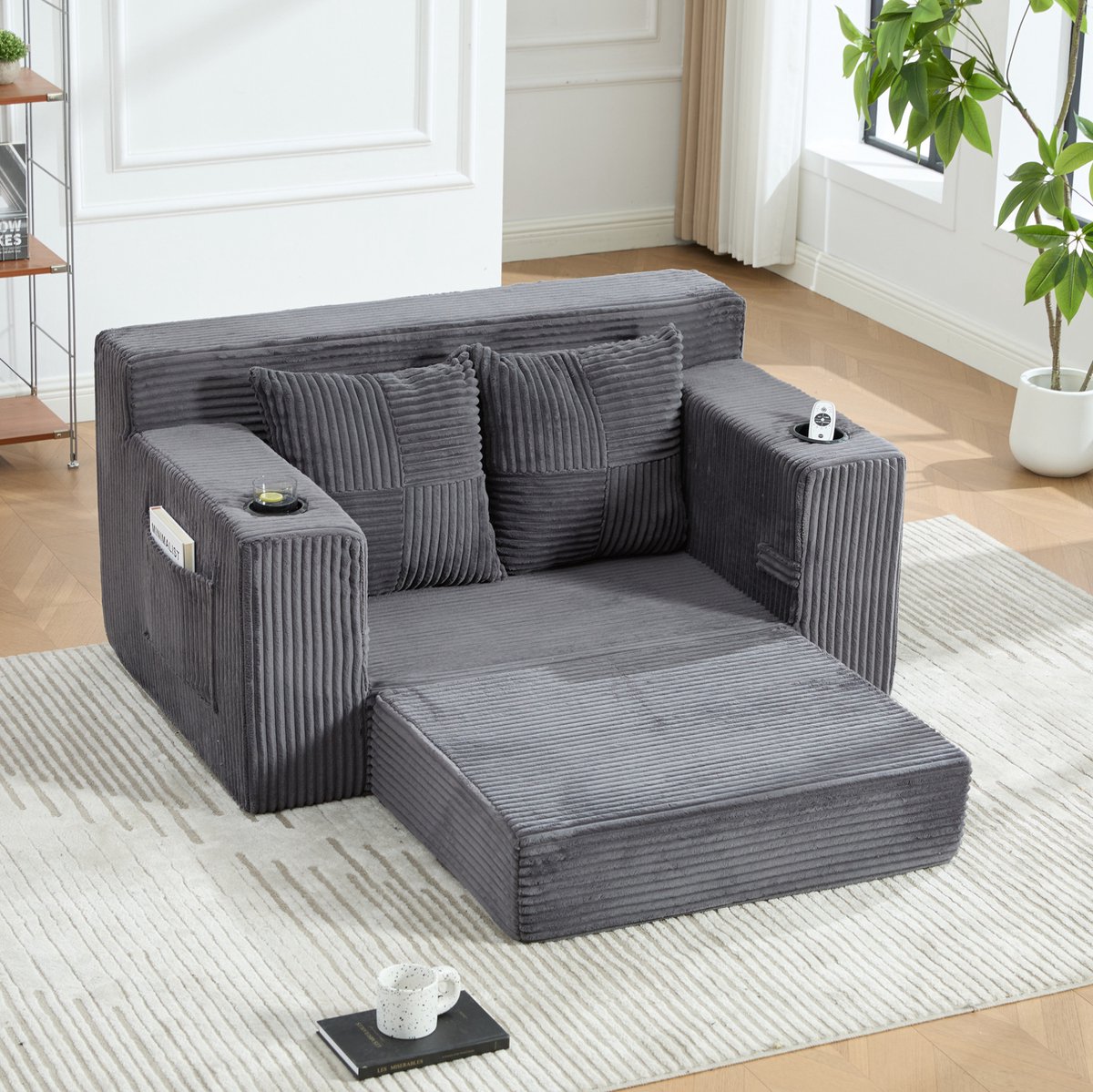 Slaapbank 2-Zits 151 Cm - Uitklapbaar Met 2 Kussens En Bekerhouder - Voor Woonkamer En Leeshoek - Ribfluweel - Grijs