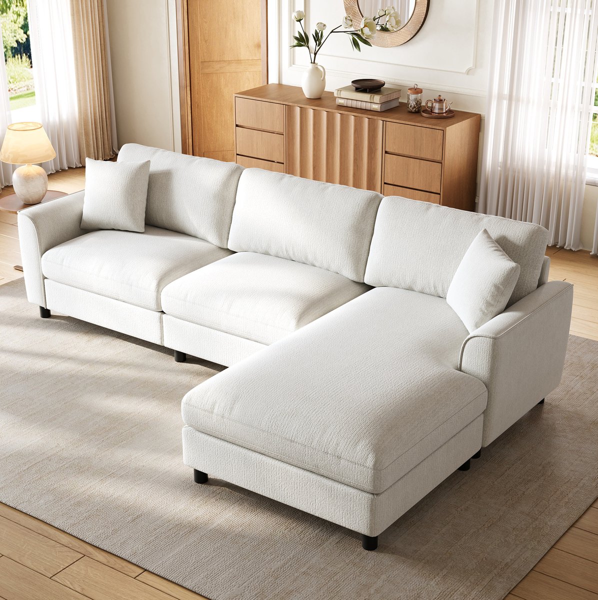 STILVORA Hoekbank 3-Zits - Omkeerbare Chaise Longue Met Brede Zit - Voor Woonkamer - Chenille - Beige