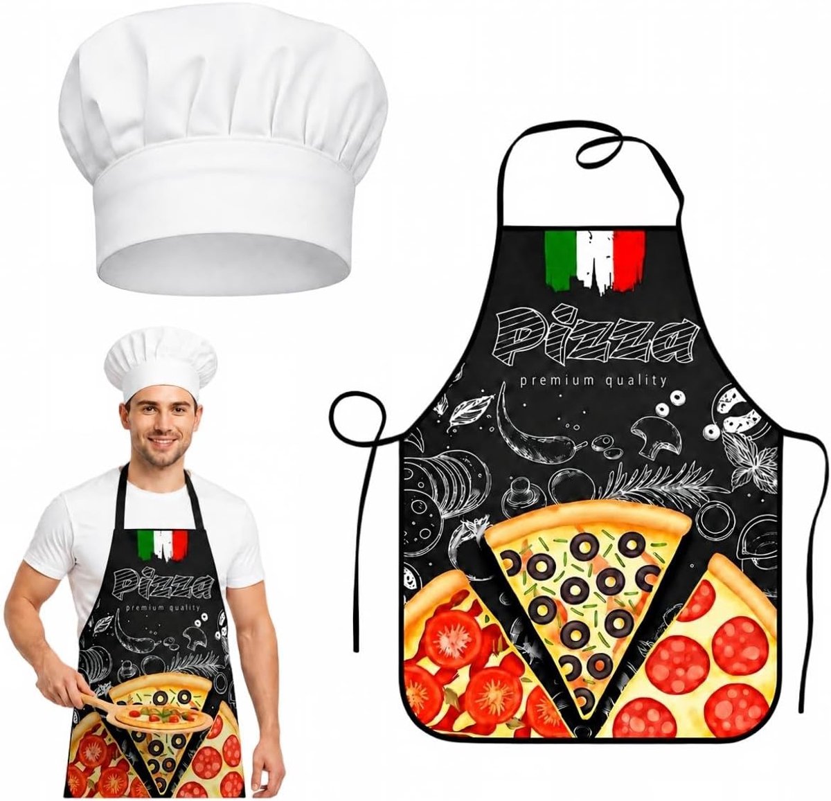 2 stuks pizzaschort set en een bijpassende muts, kookschort voor heren, Italiaans gestileerd grappig keukenschort - ShopVlot