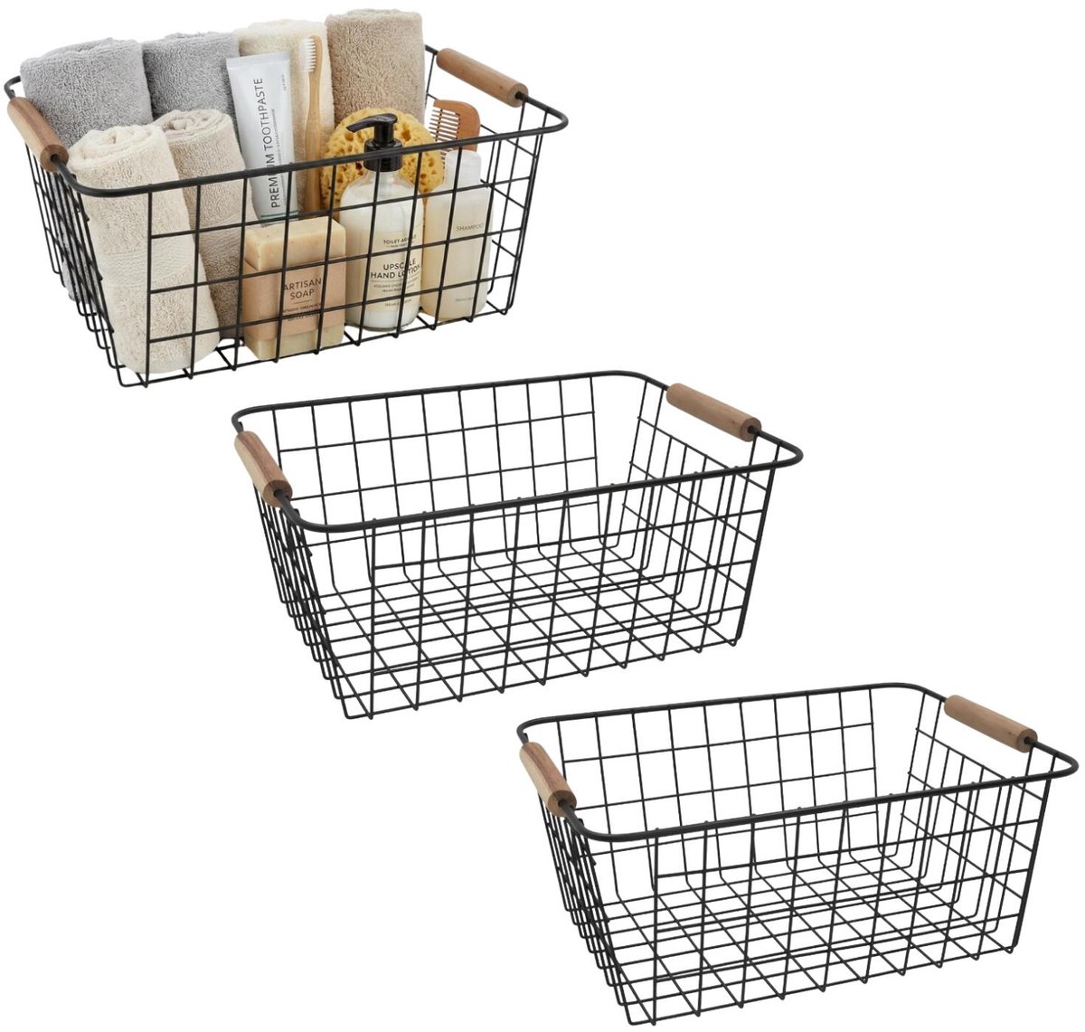 Gerimport Industriele draadmand / opbergmand - 3x - zwart - metaal - 32 x 25 x 14 cm - Keuken - kast - sokken -kleding - mandjes - 11 liter