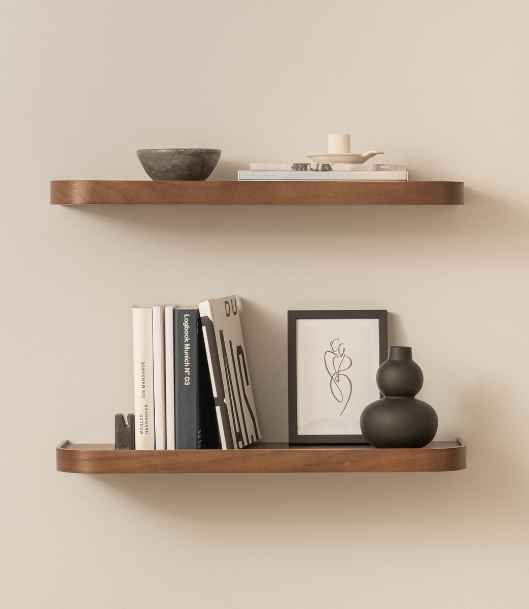 Famanu Wandplank-set met 2 zwevende planken in echt houtfineer, wanddecoratie en opbergruimte voor badkamer, woonkamer, keuken en slaapkamer, walnoot Naturel
