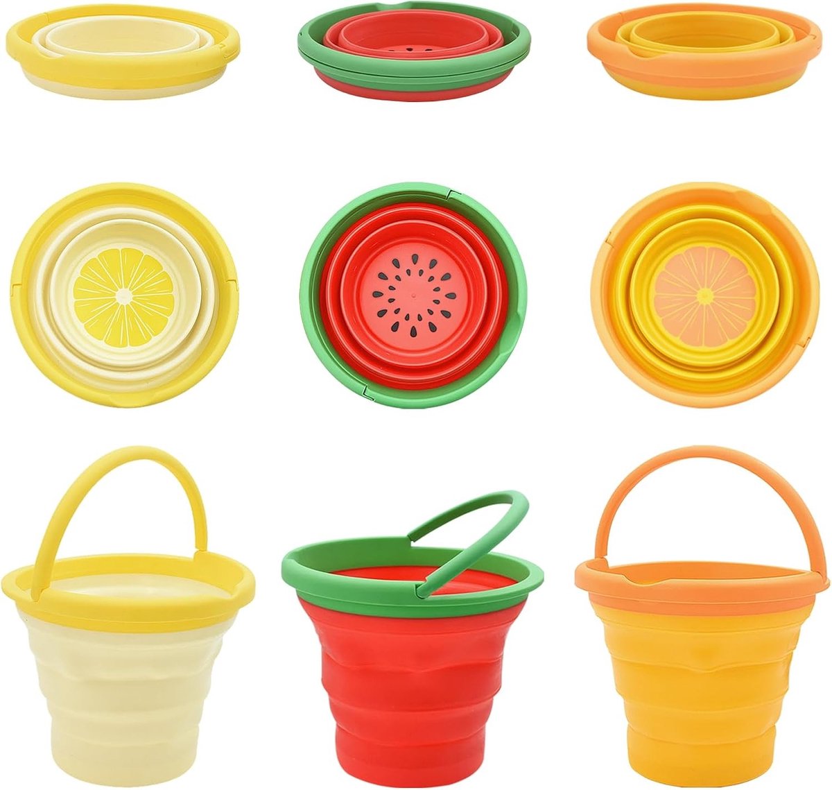Wasteil opvouwbaar - Oranje, Rood en Geel - 17,5 cm Ø x 17 cm - PP en Siliconen Strandemmer met Fruitmotief - Voor Outdoor en Kinderen