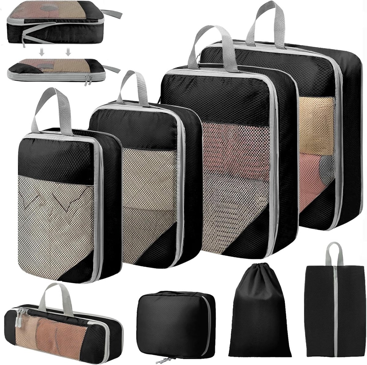Kofferorganizerset - Grijs - 40 x 39 x 10 cm - Compressiekubussen voor het Organiseren van Bagage - Voor Reizen en Vakanties