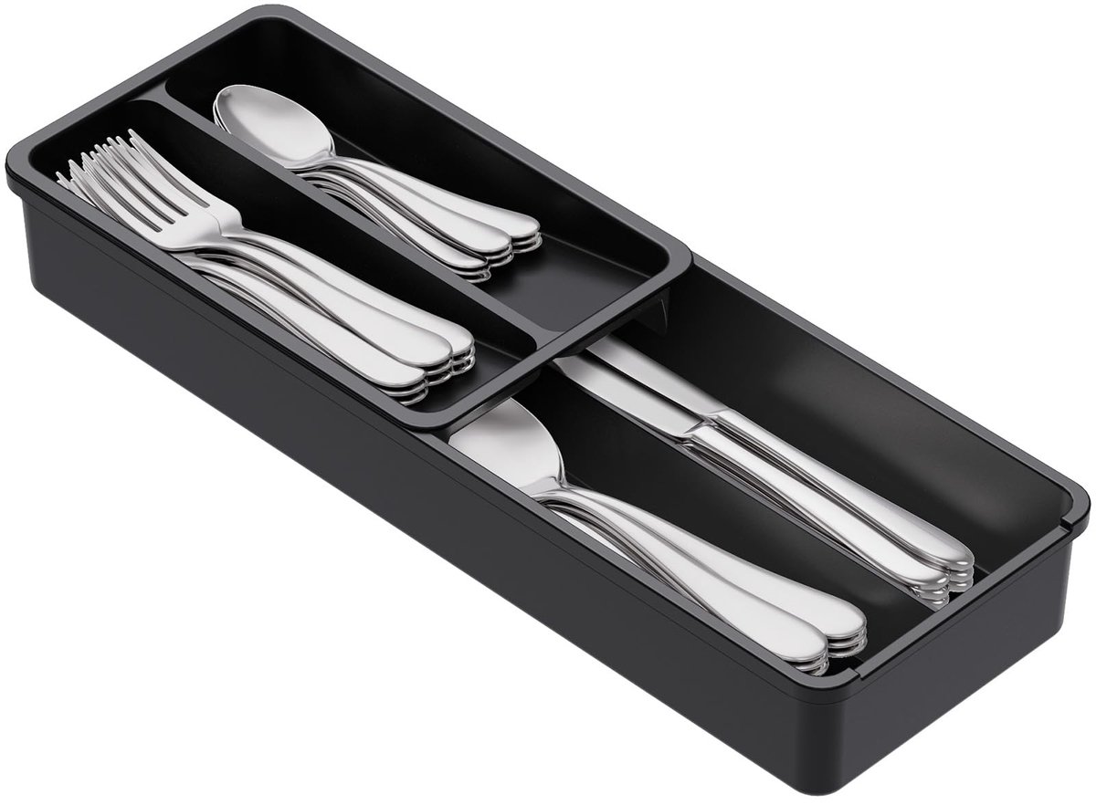Famanu – Besteklade organizer voor keuken, 2-laags lade-insert voor bestek en servies, met 4 compartimenten, zwart