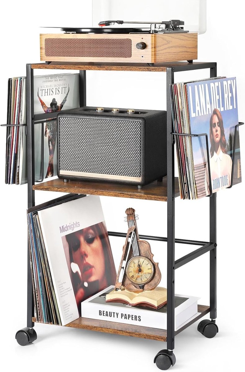 Draaitafelstandaard - Bruin/Zwart - 30 x 45 x 74 cm - Houten Bijzettafel met Vinylplatenopslag - Voor Vinylverzamelaars