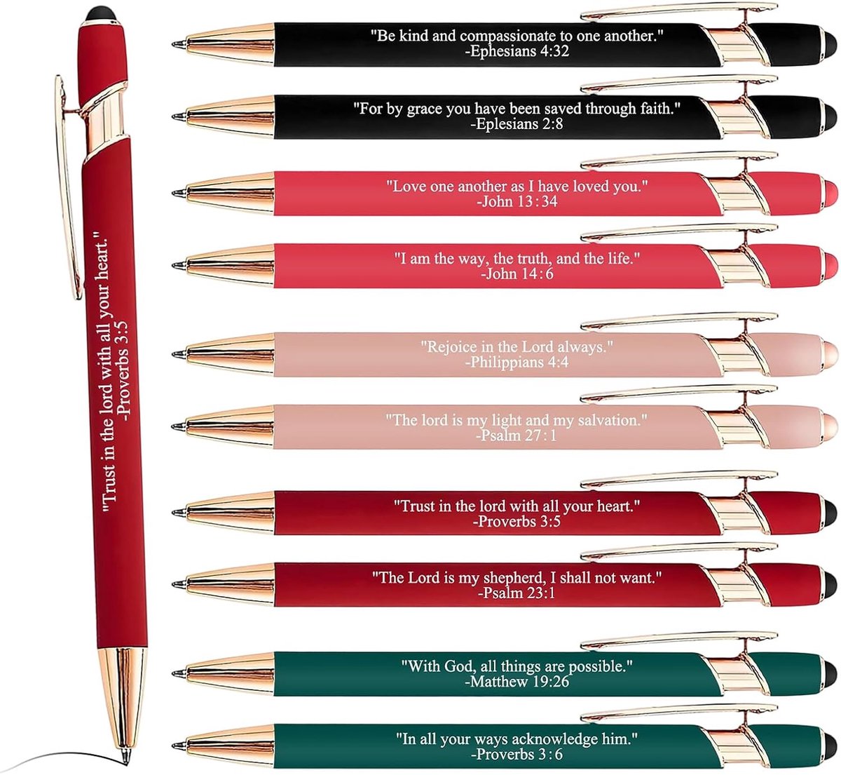 Set van 10 balpennen van metaal met spreuk, touchpen, christelijke - ShopVlot