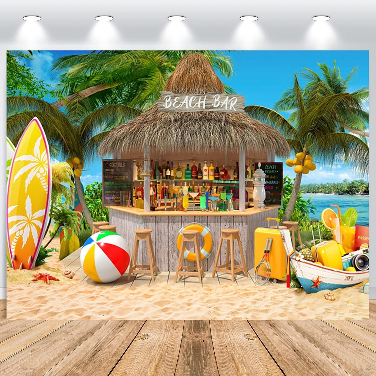 Hawaii Beach Photo Backdrop 2.2x1.5m, Summer Tropical Palms, Beach, Bar, Surfboard, Luau Tiki, Theme Photography - ShopVlot