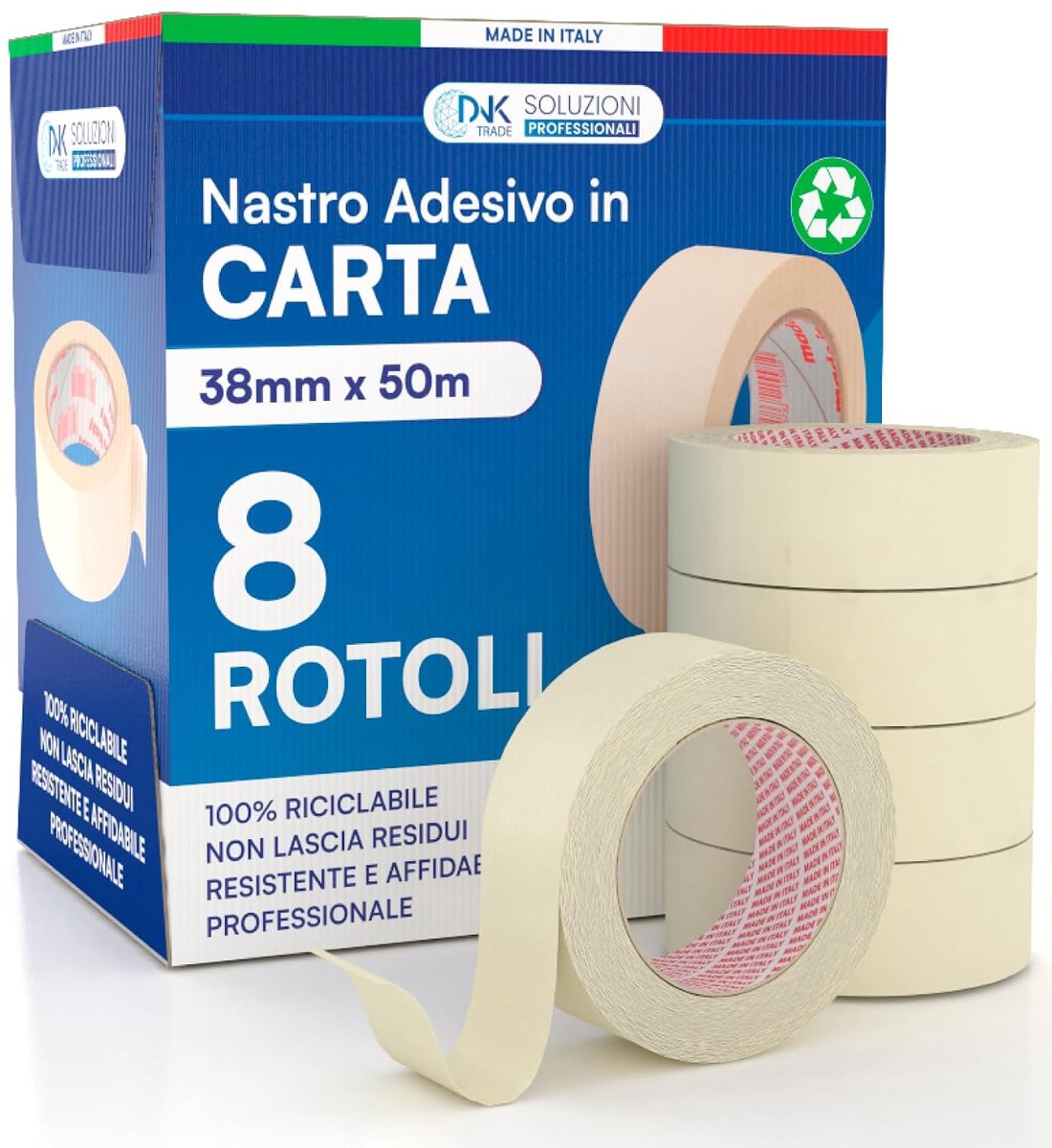 DNK TRADE Paper Tape, 8 Rolls of Painting Tape 38 mm x 50 m, Professional Rubber Coated Paper, 38 x 50 cm, Recyclable - ShopVlot