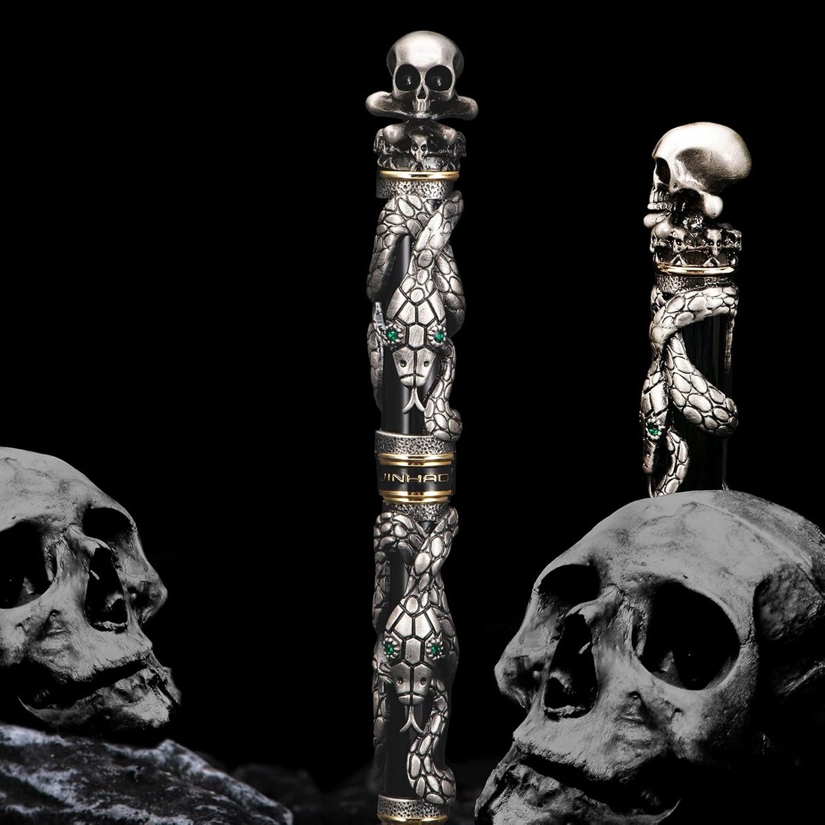 Jinhao Black Snake Fountain Pen Medium Nib Retro Style with Skull Head Solid Metal and Paper Pen Holder Set - ShopVlot