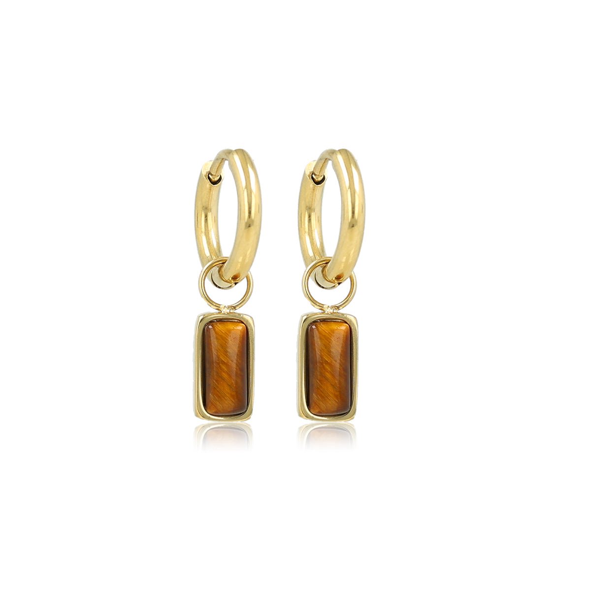 My Bendel - Goudkleurige Oorring met Rechthoekige Hanger van Tiger Eye - met Luxe Cadeauverpakking | Sieraden Voor Dames