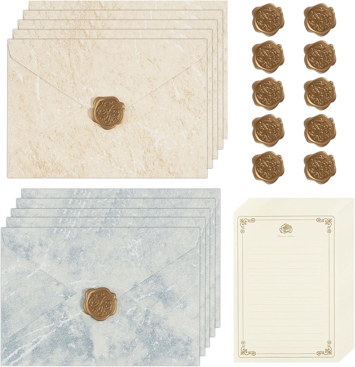 35 stuks briefpapier met envelop, 15 schrijfpapier met 10 enveloppen A5, 10 waszegels, zelfklevend, voor - ShopVlot