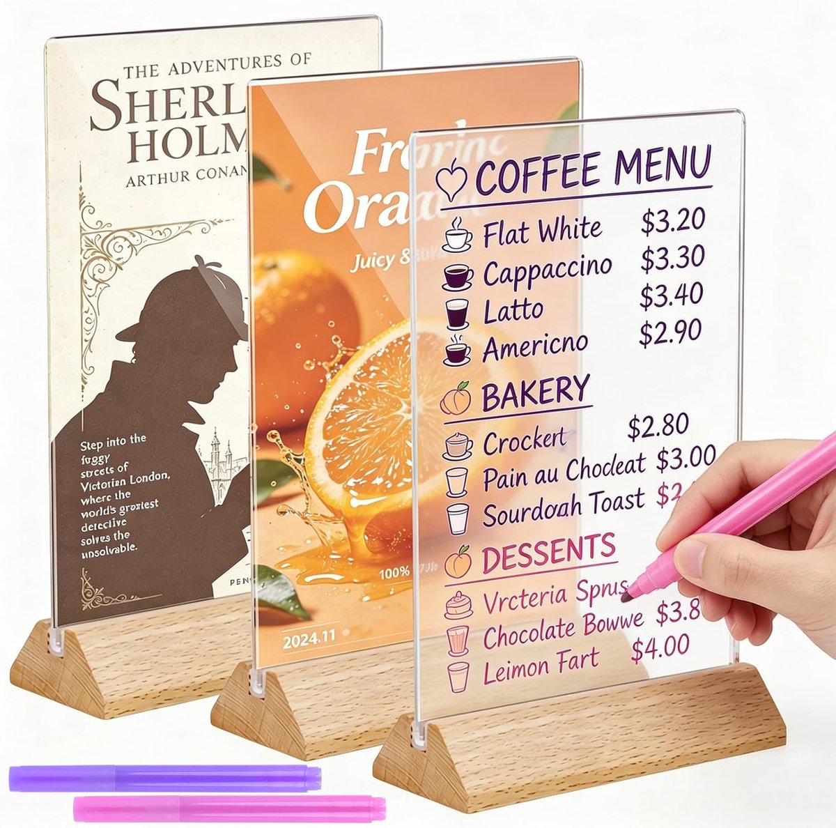 Sheryl&Rain A5 acrylic stand, table stand with wooden base, - ShopVlot