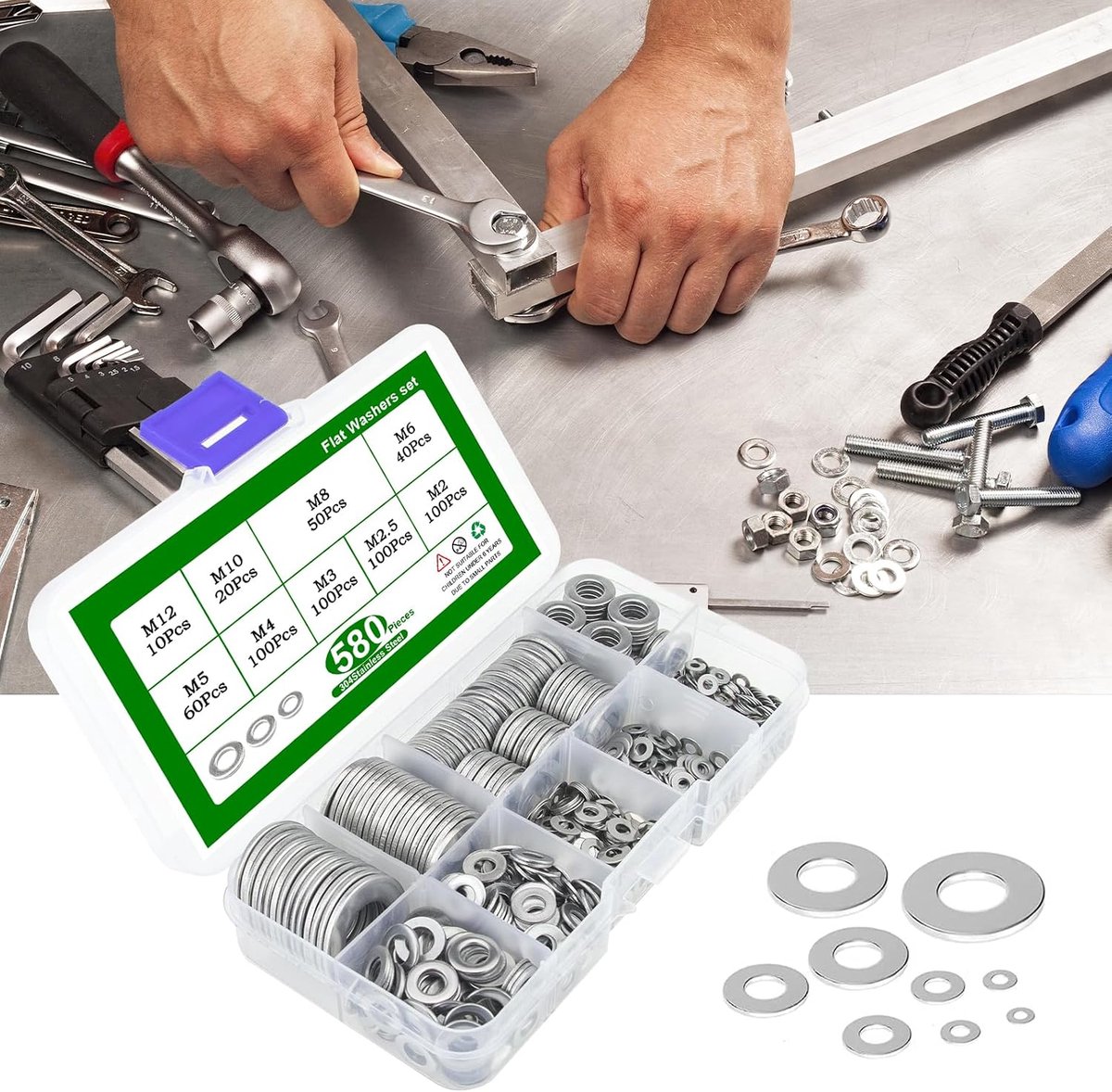 Stainless Steel Flat Rings with Storage Box (580 Pieces) 9 Different Sizes M2, M2.5, M3, M4, M5, M6, M8, M10 and M12 - ShopVlot