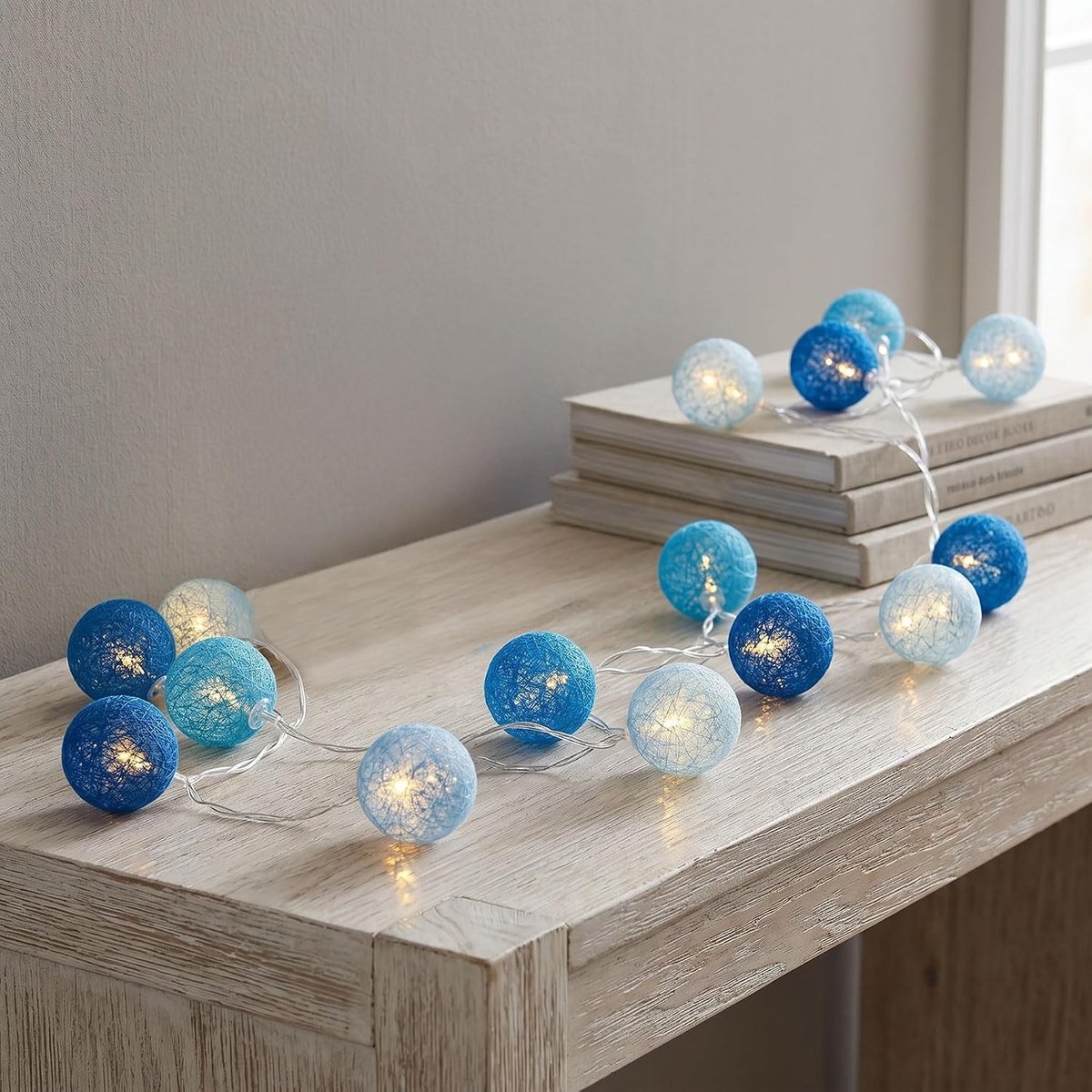 Lichtsnoer met 15 LED-ballen - Blauw - 2,80 m - Katoenen Slinger met Lampions - Voor Decoratie