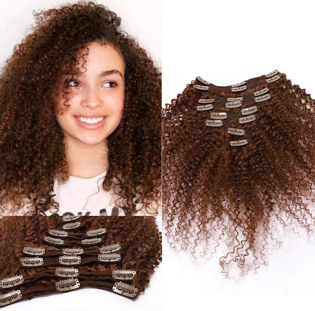 Clip-In Haarextensions Kinky Curly 25 cm - Echte Haar, 100 g - Afro Haarstukken voor Volle Haardos - ShopVlot