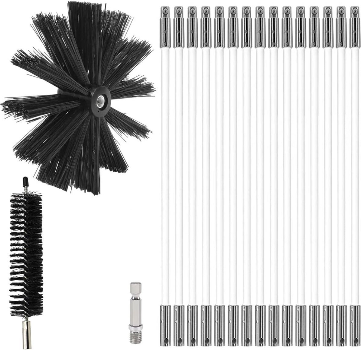 Rookkanalen reinigingsborstelset - Nylon borstelkop 100mm & 38mm - Flexibele stangen tot 90 graden - ShopVlot
