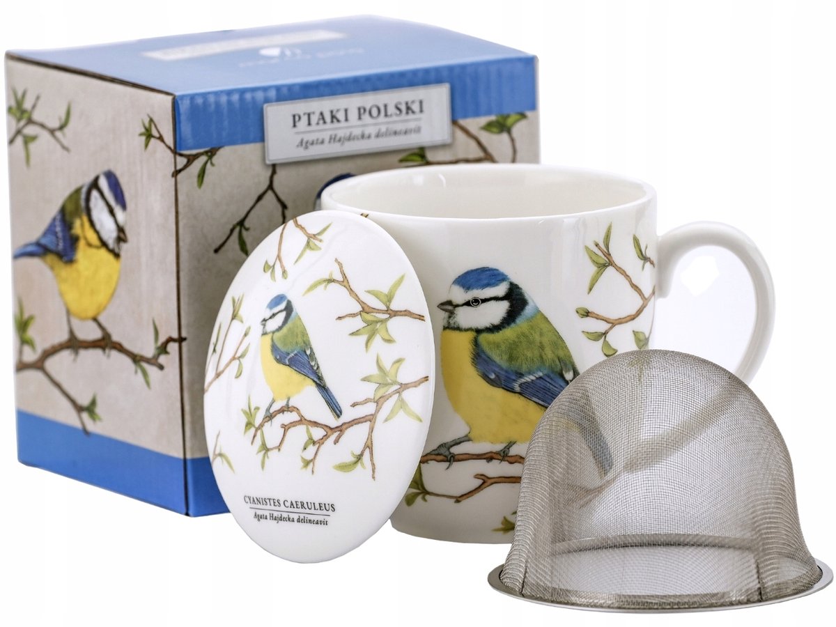 Porseleinen Mok 380ml met Zeef - Blauwe Mees (Agata Hajdecka)