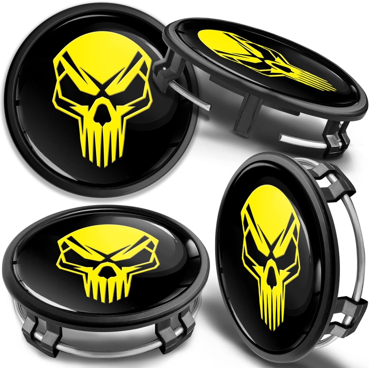 4 x 75 mm Hub Caps Compatible with Mercedes Benz Hubcaps Aluminium Rims Yellow Black Skull 37 cm - ShopVlot