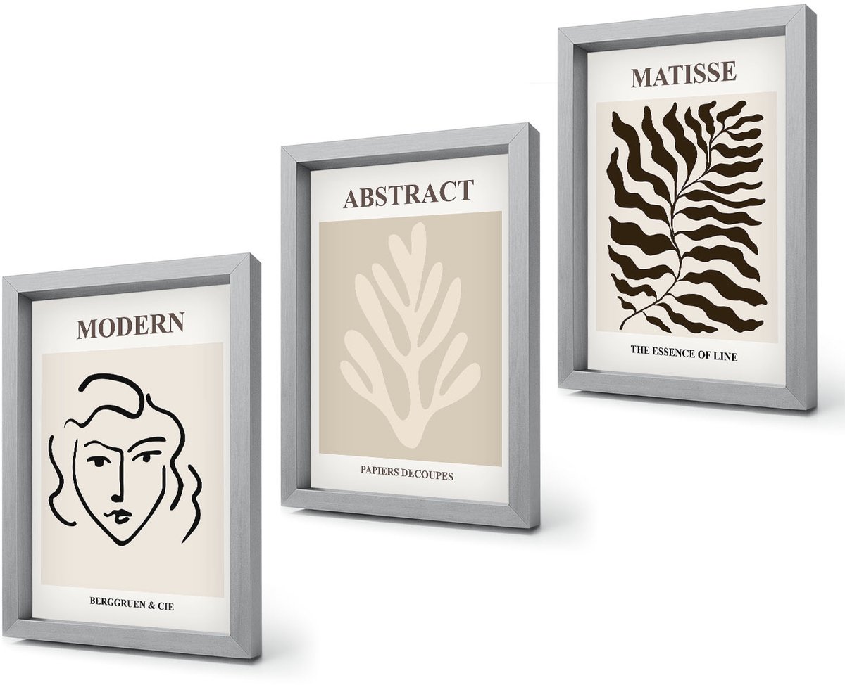 Coloray 4-Delige Schilderij Set - Illustraties van gezichten en bladeren, grafische vormgeving door Henri Matisse - 20 x 30 cm - Schilderijen Set - Wanddecoratie - Woonkamer Zilveren lijst