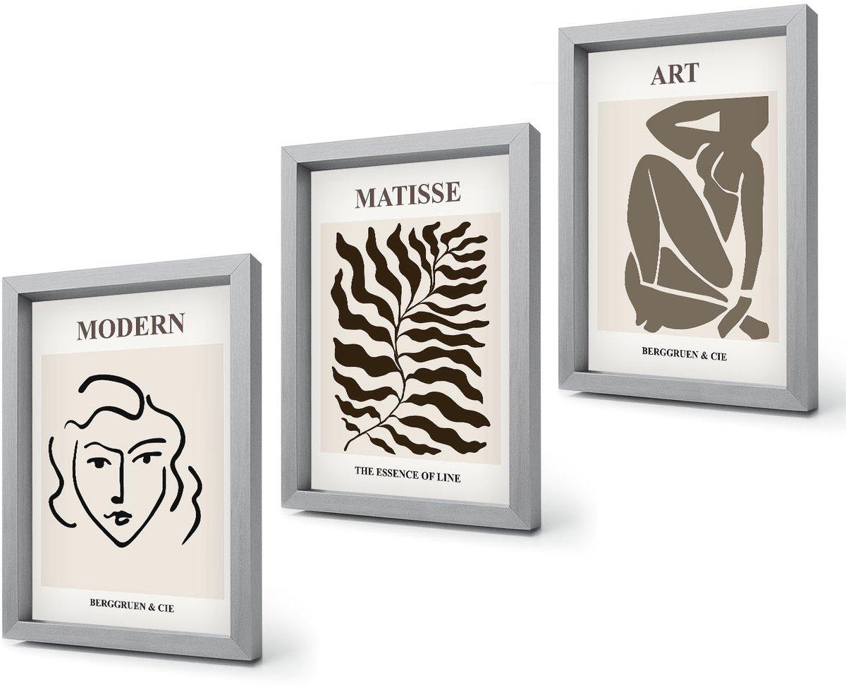Coloray 4-Delige Schilderij Set - Stijlvolle afbeeldingen met lijnen en figuren in neutrale kleuren. - 20 x 30 cm - Wanddecoratie - Muurdecoratie - Woonkamer - Moderne Wanddecoratie Zilveren lijst