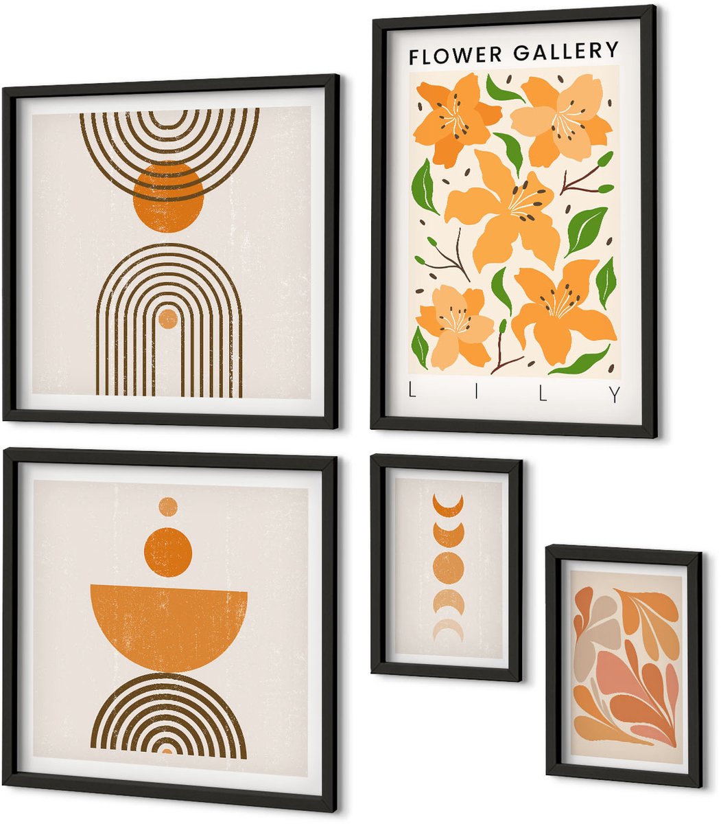 Coloray 5-Delige Schilderij Set - Stijlvolle Afbeeldingen Met Bloemen En Geometrische Patronen - 50 x 50 cm, 20 x 30 cm En 40 x 60 cm - Stijlvolle Muurdecoratie - Kantoor Zwarte lijst