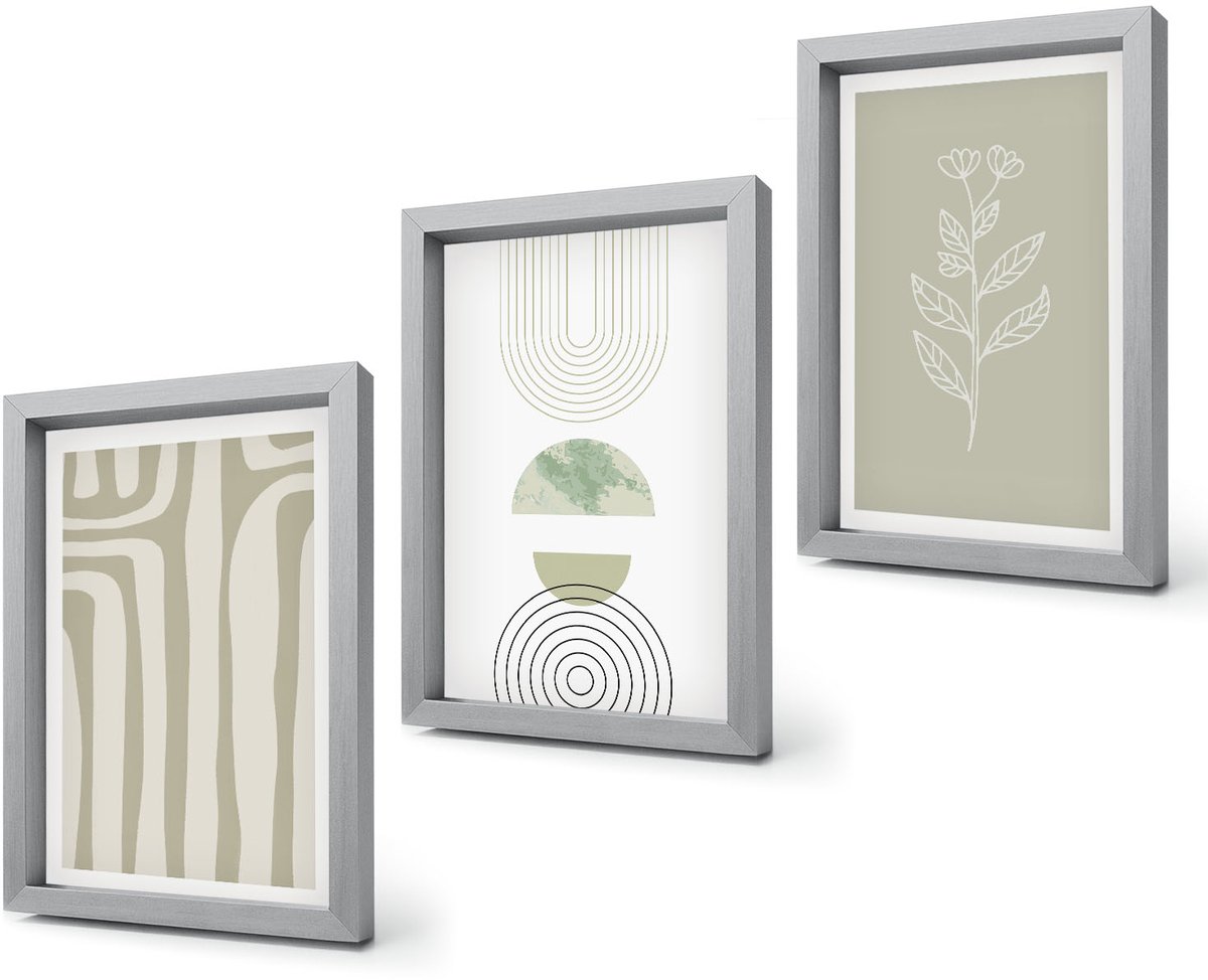 Coloray 4-Delige Schilderij Set - Geometrische patronen met plantenaccenten in groene tinten. - 20 x 30 cm - Wanddecoratie - Woonkamer Decoratie - Muurdecoratie Zilveren lijst