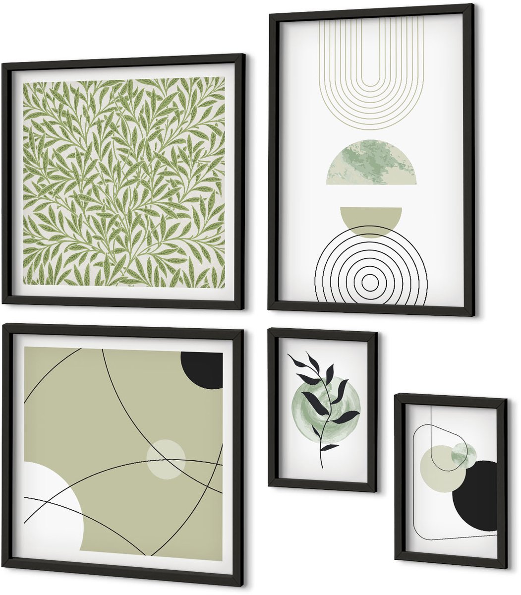 Coloray 5-Delige Schilderij Set - Abstracte Composities Met Plantmotieven En -Vormen - 50 x 50 cm, 20 x 30 cm En 40 x 60 cm - Wanddecoratie - Muurdecoratie - Woonkamer