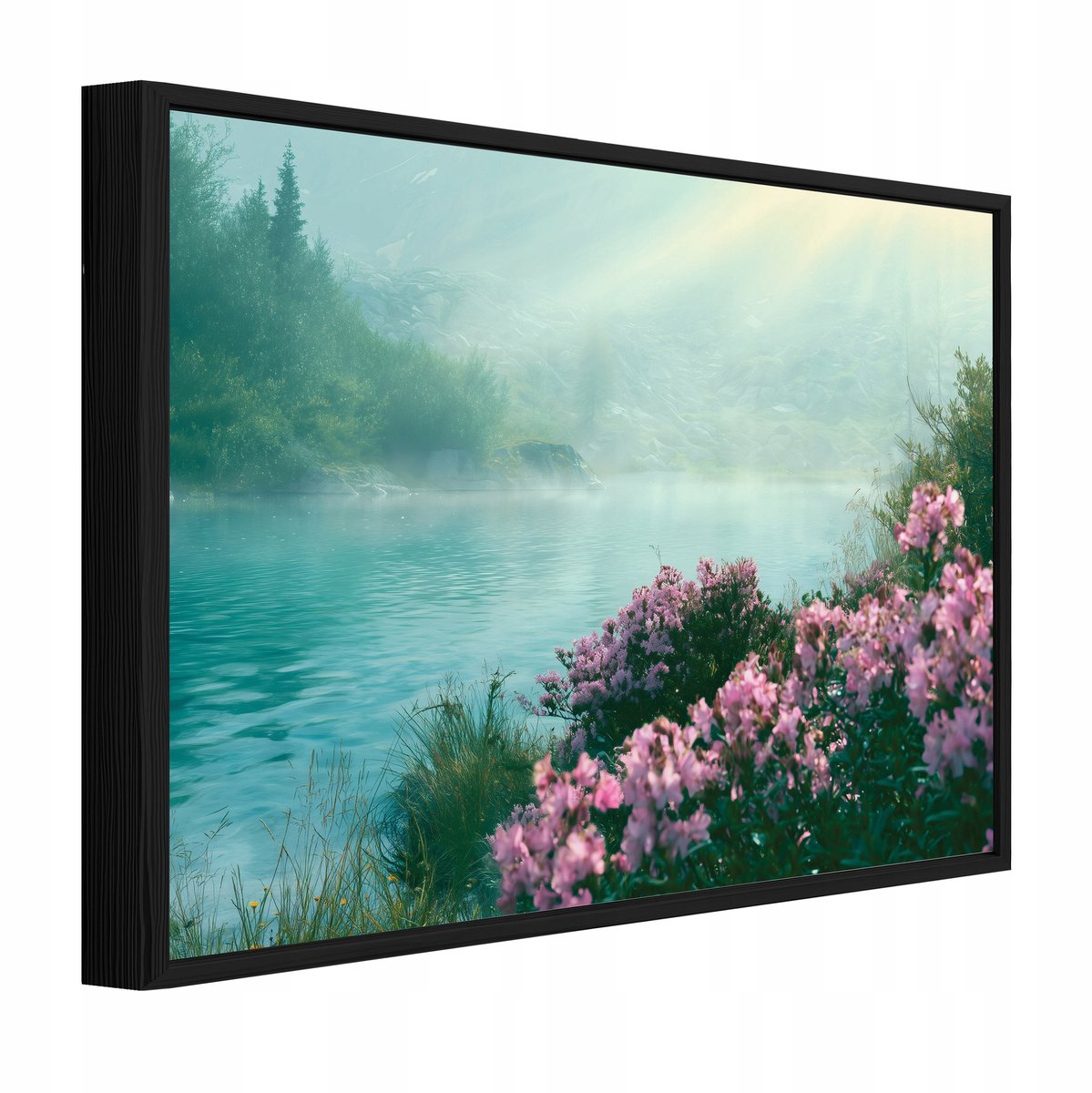 WALLARENA Schilderij op canvas met zwarte lijst - 100x70 cm - boslandschap met rivier en bloemen - voor slaapkamer en woonkamer Blauw