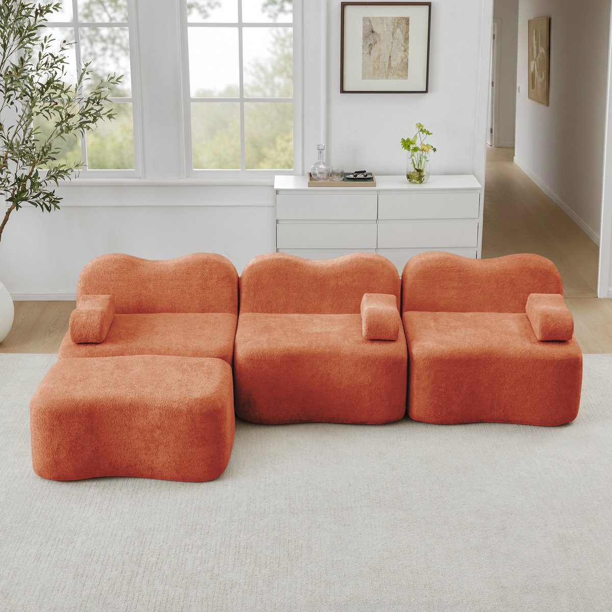 DESMIU Hoekbank 288 x 167 cm - Modulaire 3-Zits Met Ottoman En Diepe Zitting - Voor Woonkamer En Appartement - Fluweel Oranje