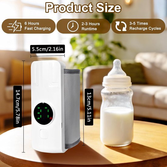 Draagbare Flessenwarmer - Draadloze USB-flesverwarmer met LCD - 6 Temperatuurniveaus 37-55°C - 4000mAh - Draadloze USB-flesverwarmer - Snelle Babyfleswarmer voor Thuis, Buiten, Reizen, Nacht — afbeelding 3