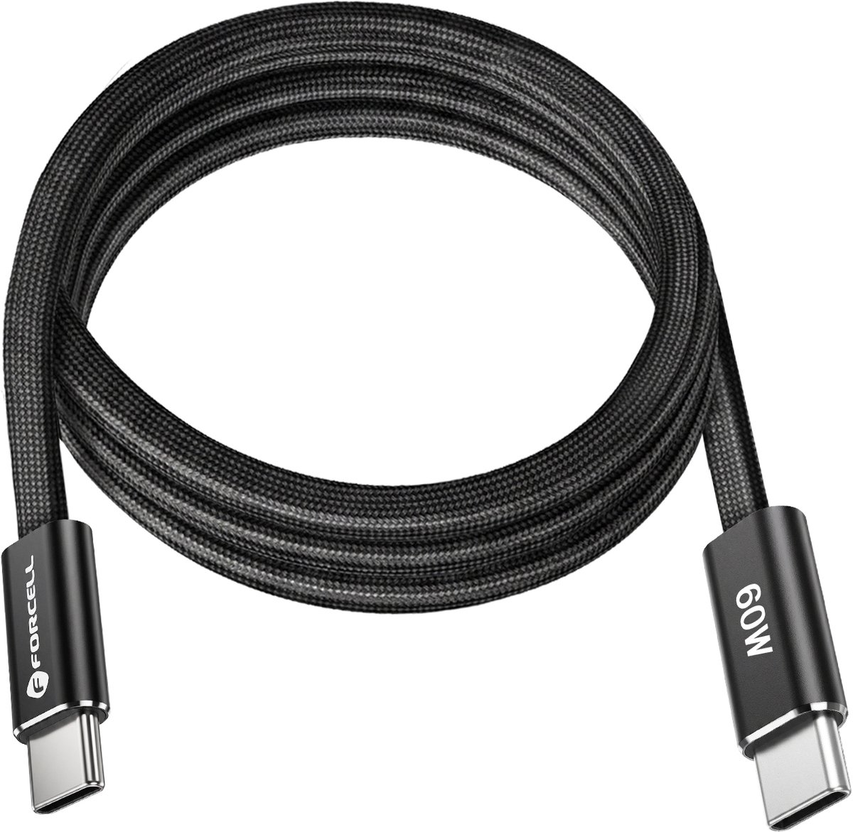 Forcell, Platte USB-C Oplaadkabel van Gevlochten Nylon Power Delivery F-Energy 60W 1.2m, Zwart