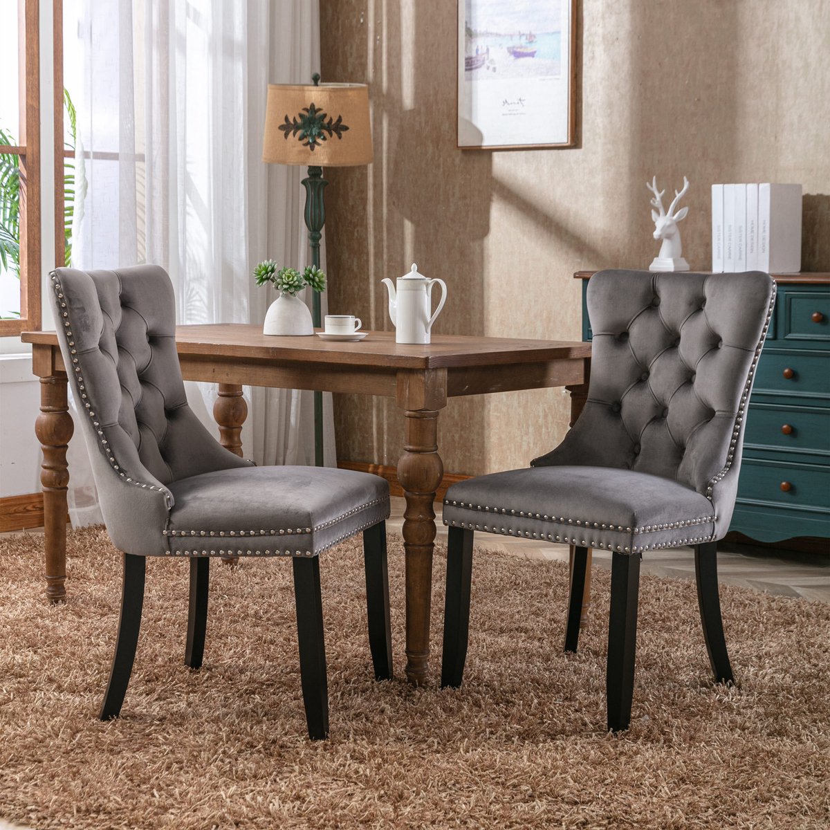 Eetkamerstoelen - Set Van 2 - Gestoffeerde eetkamerstoel - Eettafelstoel - Eetkamerstoelen - Stoel - Flueel - Houten stoelpoten - Modern Design - Grijs