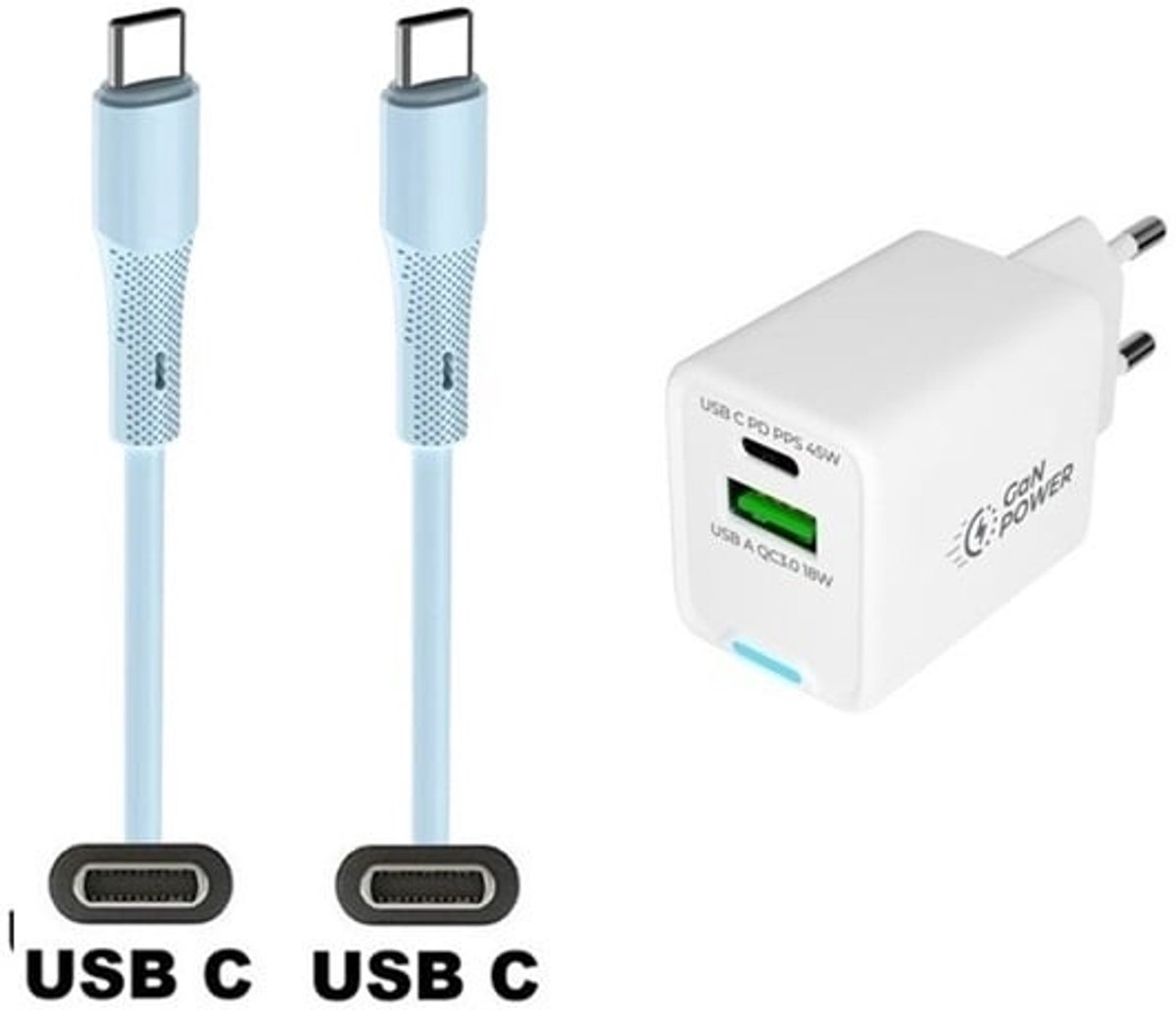 45W super snellader met 2 poorten + 1,0m USB C naar C kabel. Universele PD lader. Oplader adapter past op JBL Go 3, Go 4, Free 2, Flip 5 / 6, Charge 4 / 5, Tour One / One M2 / One Pro 2 / One Pro plus, Extreme 3 / 4
