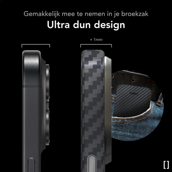 Dun grijs en zwart carbon patroon hoesje dat in een broekzak past.