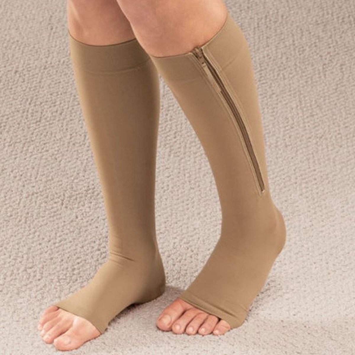 CHPN - Steunkousen - Kousen - S/M - Beige kousen - Vliegtuigkousen - Open teen - Vliegtuigsokken - Compressie Sokken - Hoge kousen - Rits — cadeau in Cadeau-ideeën - foto 6