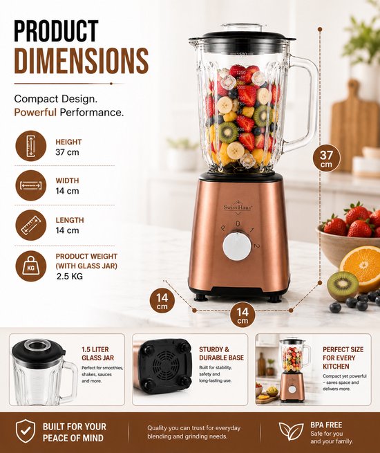 Swiss Haus® BL2115 Blender - 500W Smoothie Maker - 1.5L Glazen Kan & Grinder - RVS Messen - 2 Snelheden + Pulse - Vaatwasbestendig - Veiligheidsmicro-schakelaar - Koper van Swiss Haus — afbeelding 4