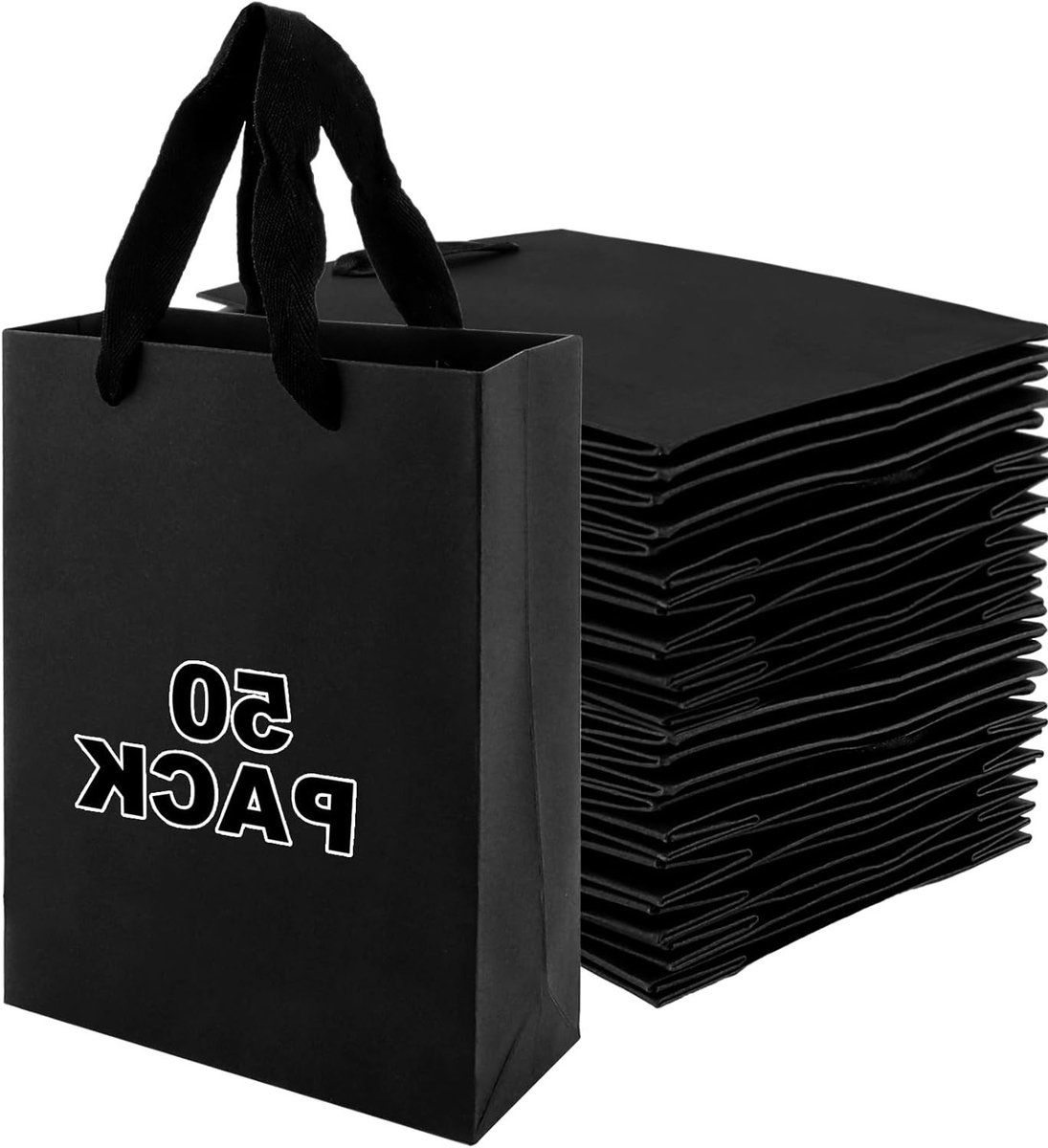 50 Stuks Zwarte Papieren Cadeauzakken met Handvat, Herbruikbare Tassen voor Bruiloften, Kerst en Verjaardagen, 15x6x20 cm