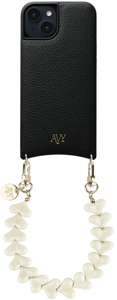 AVY Leren Hoesje geschikt voor Apple iPhone 13 / 14 | Compatibel met MagSafe | Leather Back Cover met Telefoonkoord 30CM | Polsband | Zwart | Cupid Beige